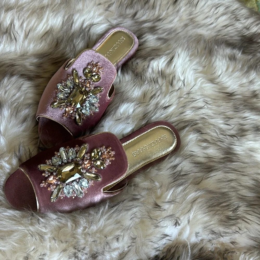 Pink velvet slides Rhinestones crystals New with dustbags & a box - Picture 7 of 10